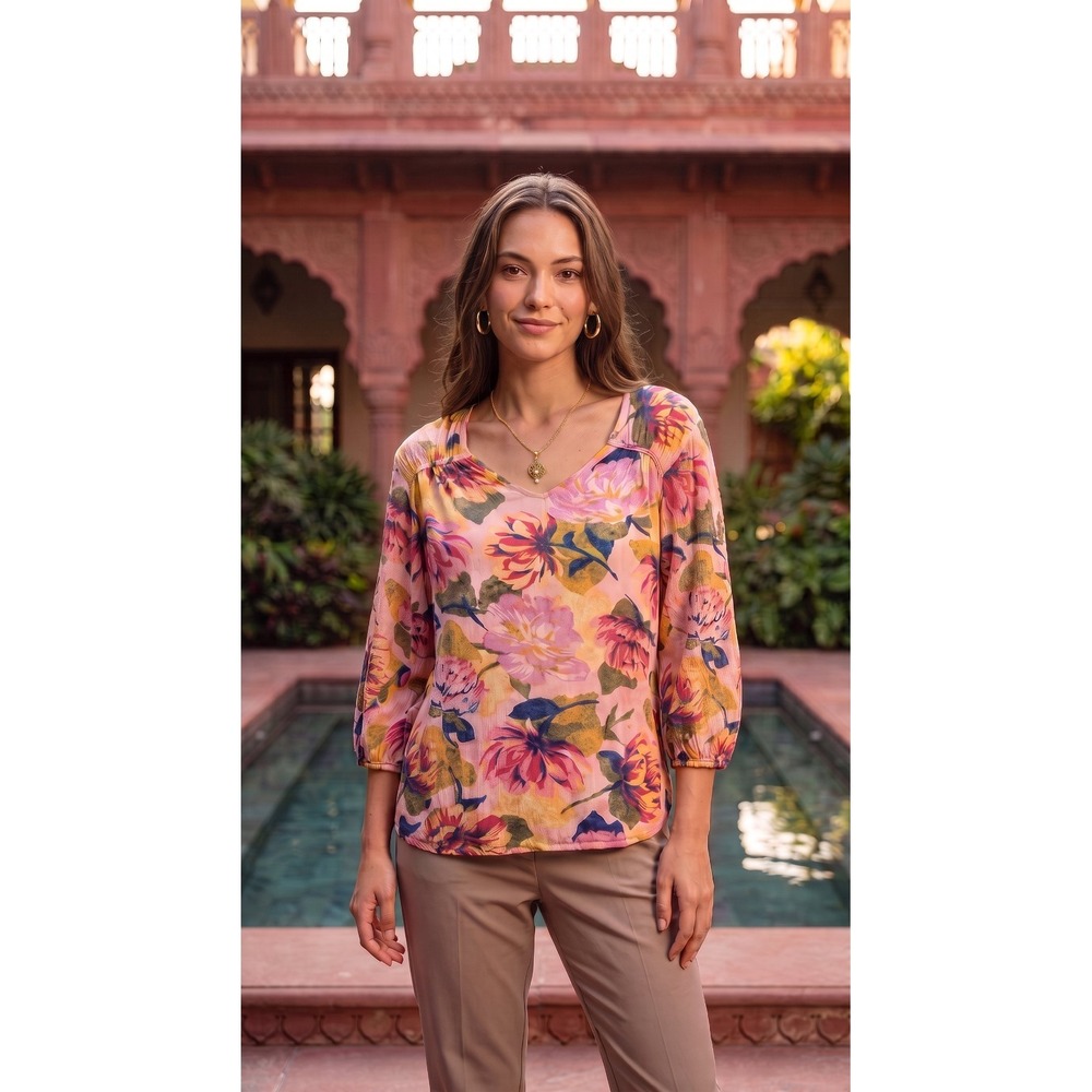 Terra & Sky Pink Multicolor Floral Top 3/4 Balloon Sleeves Boho 14W